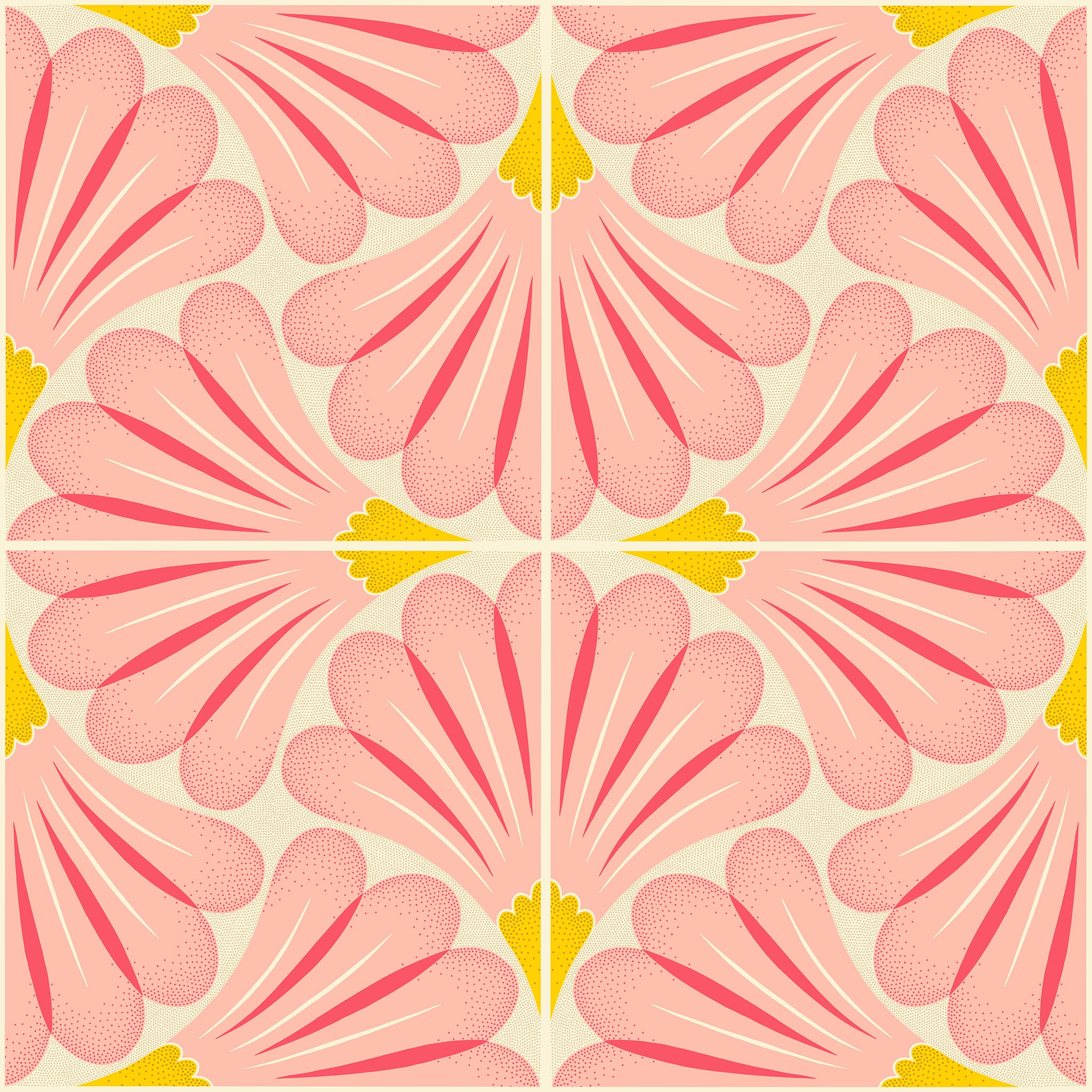 Pattern of pink shapes with yellow accents on a light background